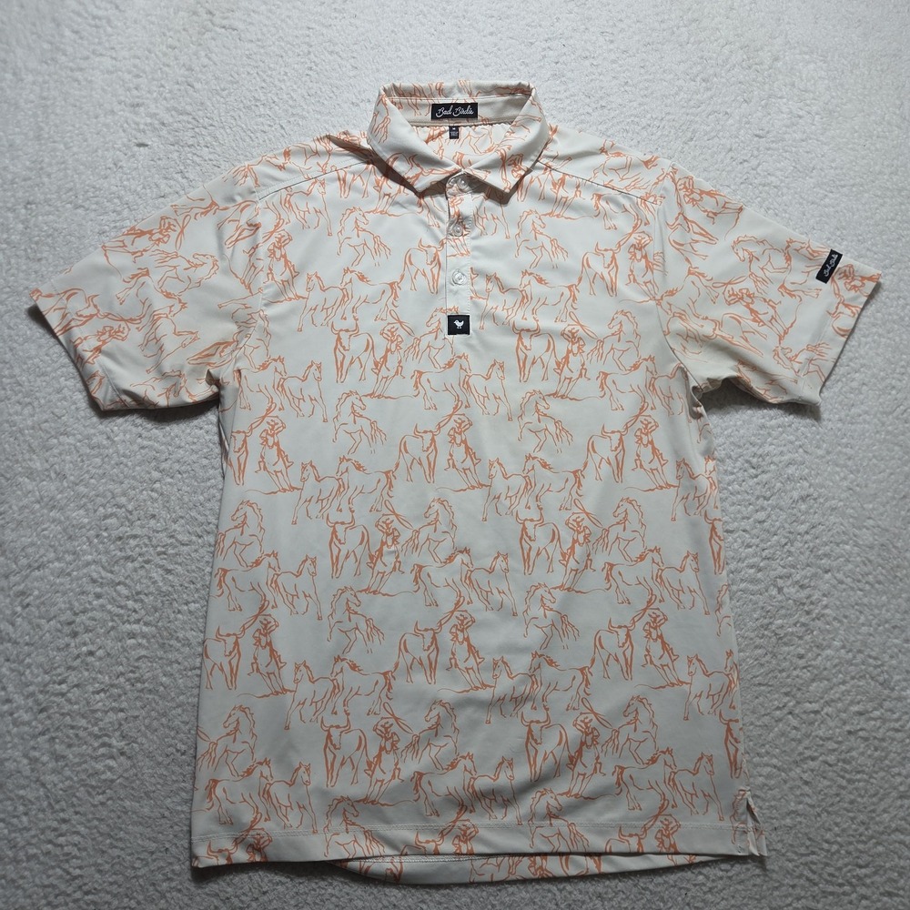 Bad Birdie Golf Polo Shirt Mens Medium White Wild Horses‎ Print Performance